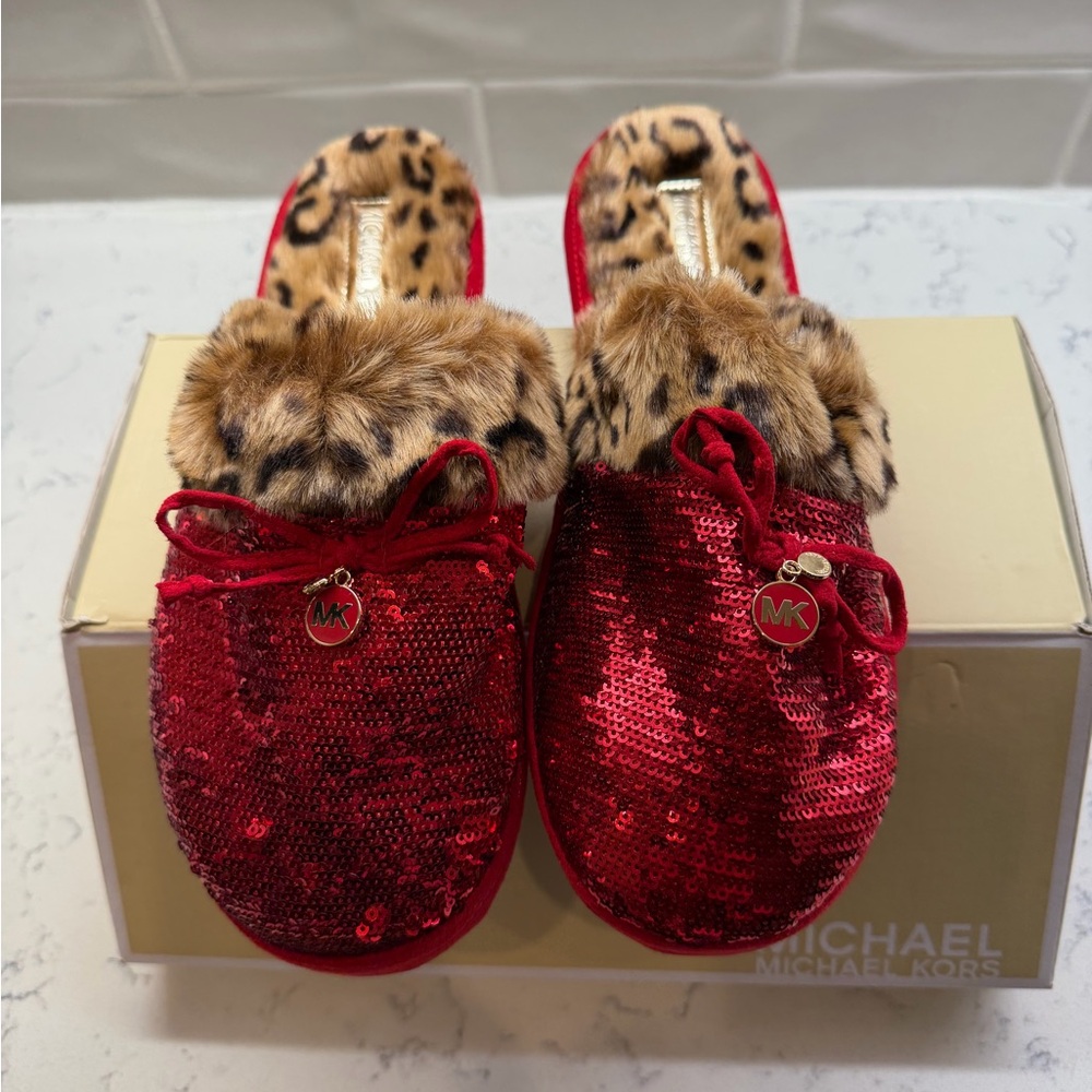 Michael Kors Women Sparkly Red Slippers with Leopard Print